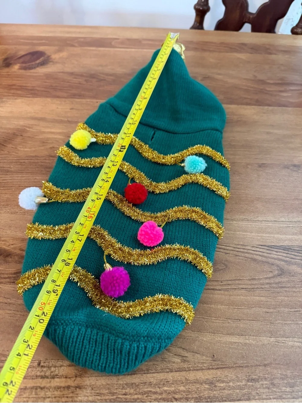 Green Knit Holiday Pet Sweater with Gold Tinsel & Pom-Poms Merry & Bright
